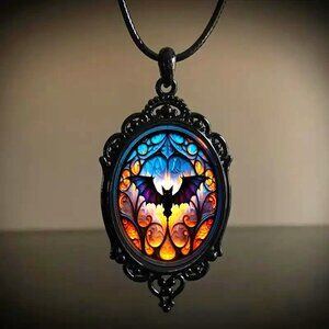 Necklace 3D Bat Black Pendant Dome Beveled PU Leather Gothic Rave Scene Emo NEW